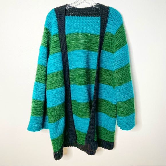 Vintage handmade crocheted Boho black green blue stripped long cardigan sweater - Picture 4 of 4